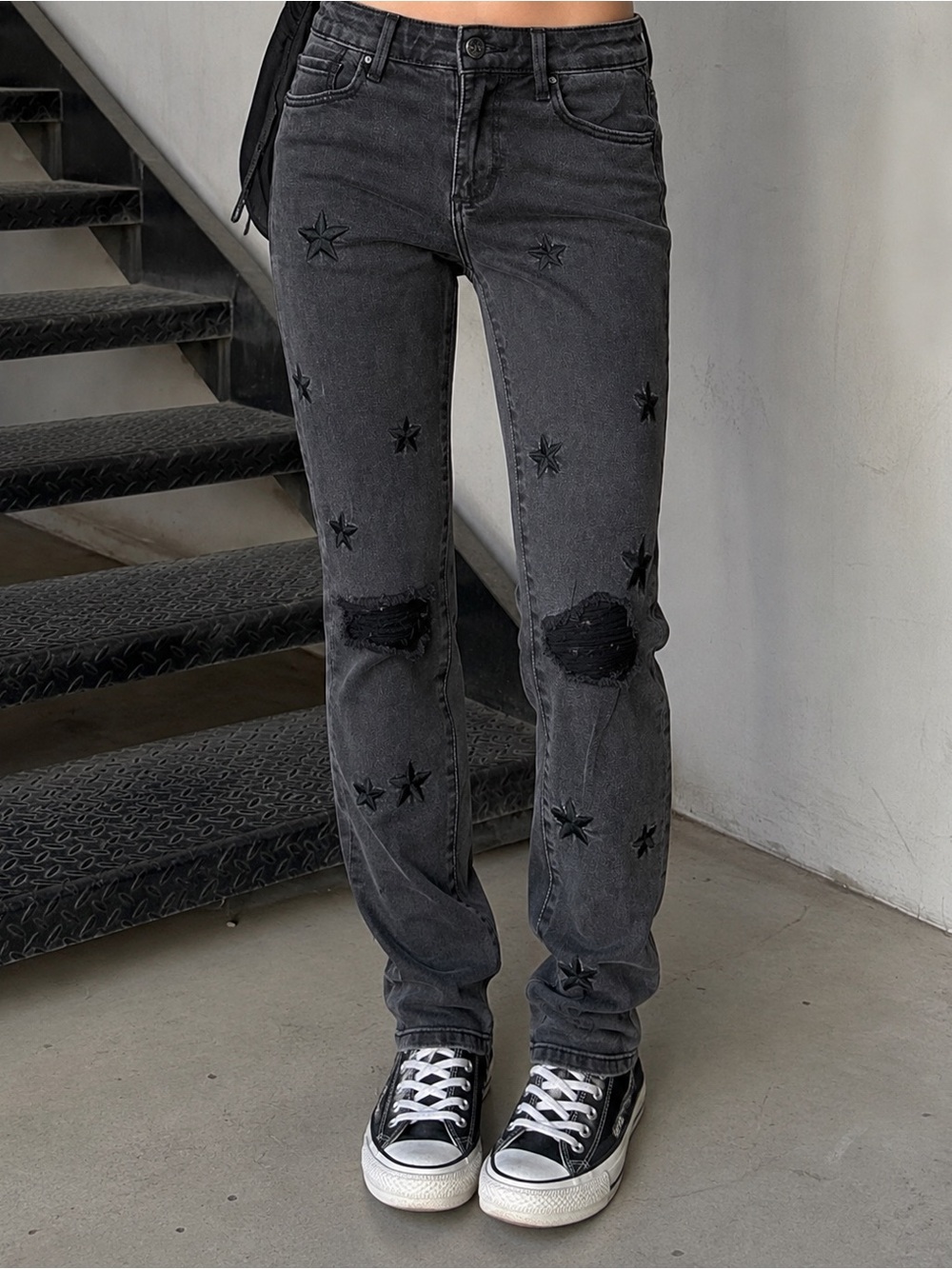 Black Washed Star Embroidered Jeans Indie Sleaze Y2K Distressed Skinny Jean